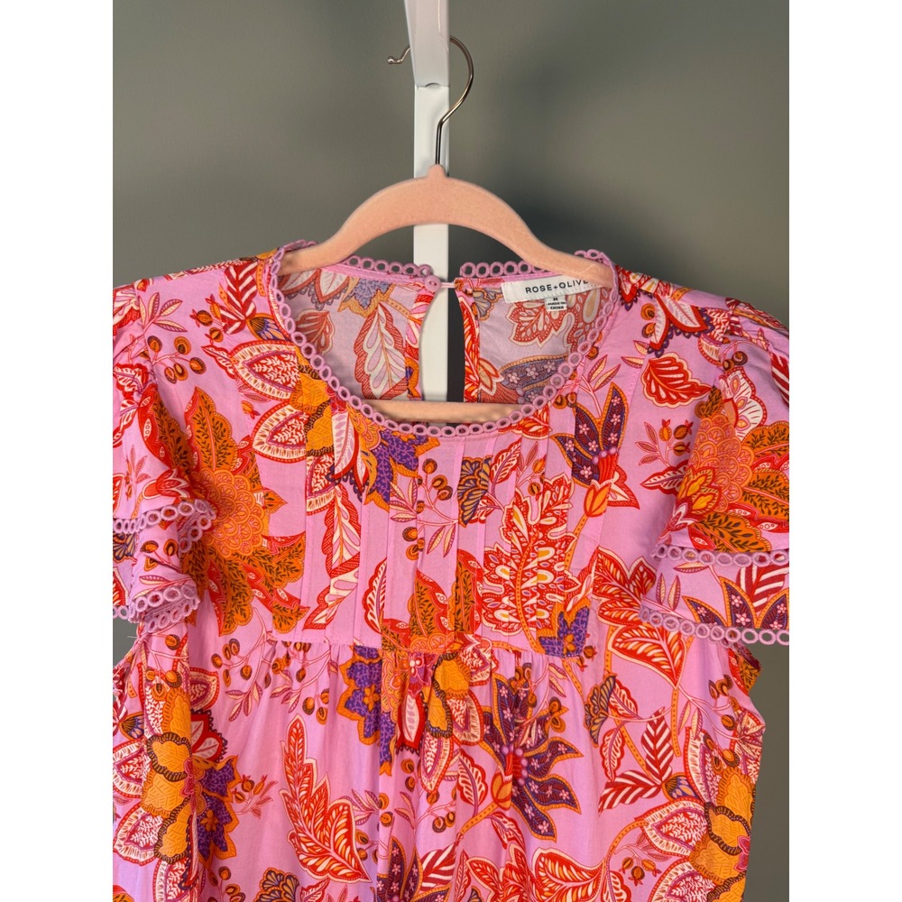 Rose + Olive Floral Boho Flutter Sleeve Top Size M Pink Cottagecore Short Sleeve - Picture 3 of 8